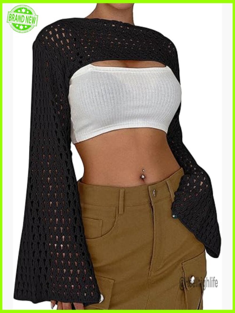 Crochet Knit Crop Top Sweater Long Sleeve See Through Beach Cover Up